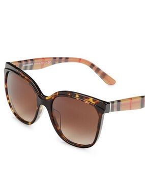 New Burberry Brown Tortoiseshell Cat Eye Sunglasses with Nova Check Temples